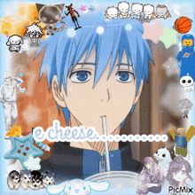 a picture of a boy with blue hair drinking through a straw with the words " cheese " on the bottom