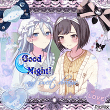two anime girls are standing next to each other and the words good night are on the bottom