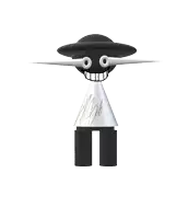 a 3d drawing of a black and white cartoon character with a hat on