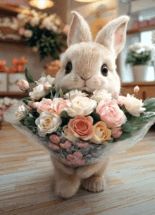 a small rabbit holding a bouquet of pink and white flowers