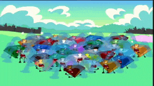 a group of cartoon characters are standing in a field with a blue sky in the background