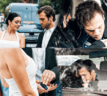 a man in a suit is smoking a cigarette while a woman in a white dress holds his hand