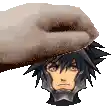 a hand is holding a cartoon character 's head with a helmet on .