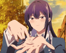 a girl with purple hair is making a heart shape with her fingers