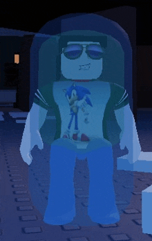 a cartoon character wearing a sonic the hedgehog shirt and sunglasses is standing in a dark room .