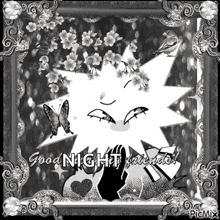 a black and white picture of a star with flowers on it and the words good night