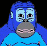 a cartoon drawing of a blue gorilla with a sad look on his face .