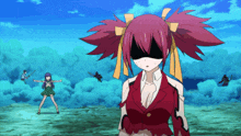 a girl with a mask on her face stands in front of a blue sky