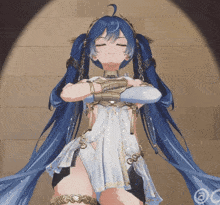 a blue haired anime girl with her eyes closed