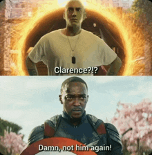 a man in a white shirt is standing next to a man in a captain america outfit and says clarence damn not him again