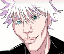 a close up of a person 's face with purple hair and blue eyes