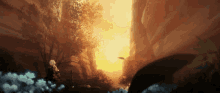a painting of a sunset with trees and mountains