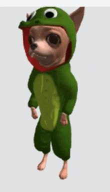 a chihuahua in a green frog costume