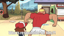 a cartoon of a man flexing his muscles with the words who is responsible for this below him