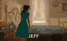 a woman in a blue dress is standing in a bedroom next to a bed and a window .