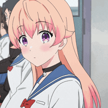 a girl with pink hair and purple eyes wearing a choker