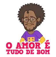 a cartoon of a man in a purple shirt with the words o amor e tudo de bom