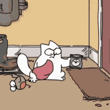 a cartoon cat is sitting on the floor holding a bag