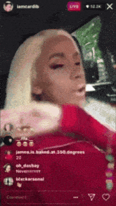 a woman with blonde hair is sitting in a car with her mouth open and a live broadcast on instagram
