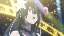 a girl with a flower in her hair is wearing a purple hat