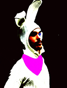 a man wearing a white bunny costume with a pink scarf around his neck