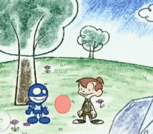 a child 's drawing of a boy and a robot playing with a ball