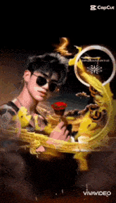 a young man wearing sunglasses is holding a red rose in his hand .