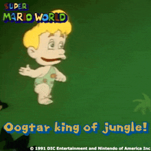 a poster for super mario world shows a cartoon character named dogtar king of jungle