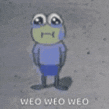 a cartoon of a frog wearing a blue shirt and shorts is crying .