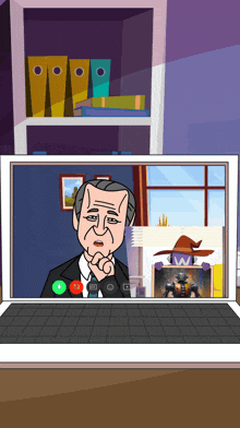 a cartoon of a man talking on a video call with the letter w on the fireplace
