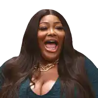 a woman with her mouth open wearing a gold necklace