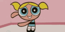 bubbles from the powerpuff girls is hugging someone in a room