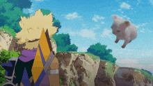 a cartoon character standing on a cliff looking at a pig flying in the air