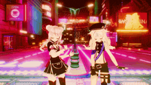 two anime girls are standing in front of a sign that says open