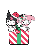 two cartoon characters sitting in a striped gift box with a tag that says for you