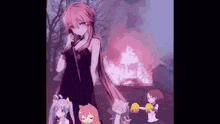 a group of anime characters are standing in front of a burning building .
