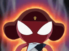a red cartoon character with a yellow skull on his hat