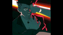 a man in a suit and tie is smoking a cigarette in a dark room .