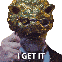 a man in a suit and bow tie is holding a magnifying glass in front of a mask that says " i get it "
