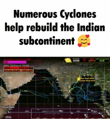a computer screen with the words numerous cyclones help rebuild the indian subcontinent next to a map