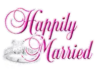 a wedding ring with the words `` happily married '' next to it