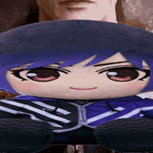 a close up of a stuffed doll with a blue hair