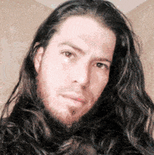 a man with long dark hair and a beard looks at the camera