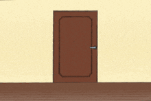 a cartoon of a person standing in front of a brown door
