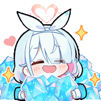 a cartoon girl with white hair is holding a pile of blue ice cubes .