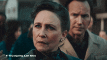 a man and a woman standing next to each other with #theconjuring last rites written on the bottom