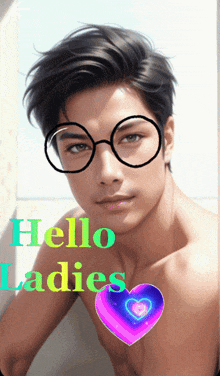 a picture of a shirtless man with glasses and the words hello ladies below him