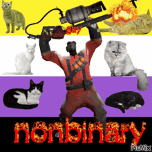 a picture of a man holding a flamethrower surrounded by cats and the words nonbinary
