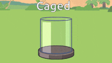 a cartoon character is in a container that says caged on it