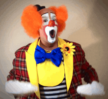 a clown wearing a plaid jacket and a yellow vest